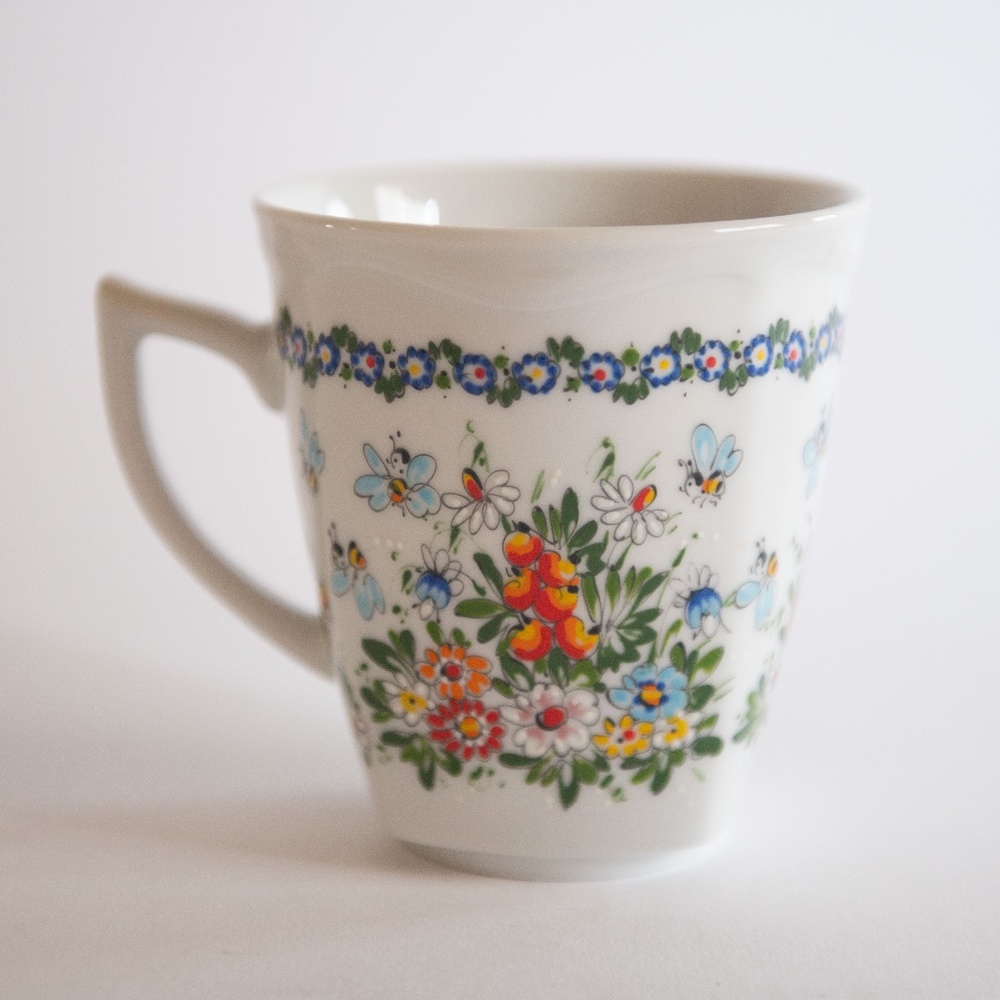Opole Poland Hand Painted Ceramic Floral Flowers & Bees Mug